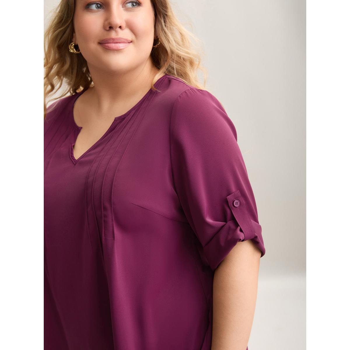 Plus Size Plum Toothpick Pleat Gathered Sleeve Solid Shirt Women At the Office Elbow-length sleeve Notched collar Work Blouses BloomChic 22-24/3X Product Image