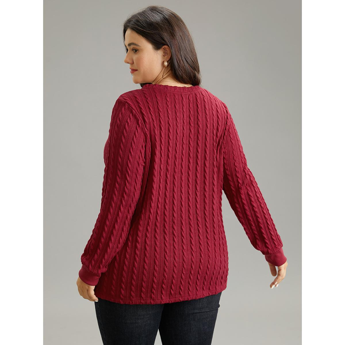Plus Size Rib Knit Plain Elastic Cuffs Sweatshirt Women Scarlet Elegant Rib Knit V-neck Dailywear Sweatshirts BloomChic 26/4X Product Image
