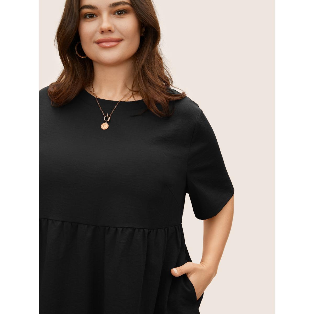 Plus Size Black Solid Crew Neck Ruffle Hem Blouse Women Casual Short sleeve Round Neck Everyday Blouses BloomChic 22-24/3X Product Image