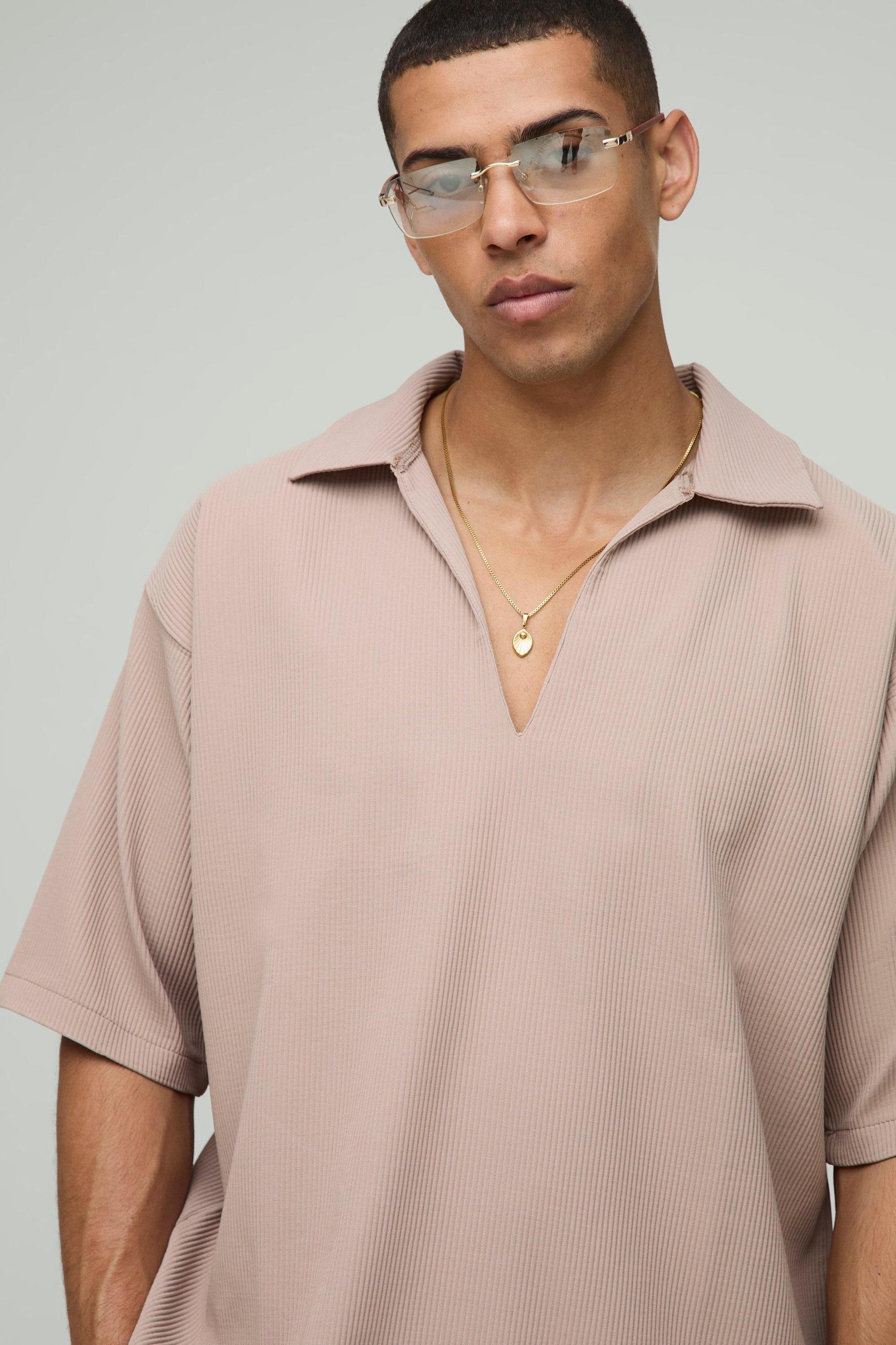 Pleated Oversized V Neck Shirt | boohooMAN USA Product Image