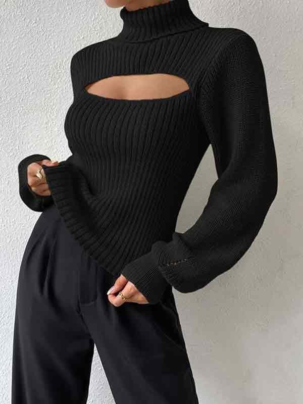 Solid Cutout High Neck Sweater Product Image