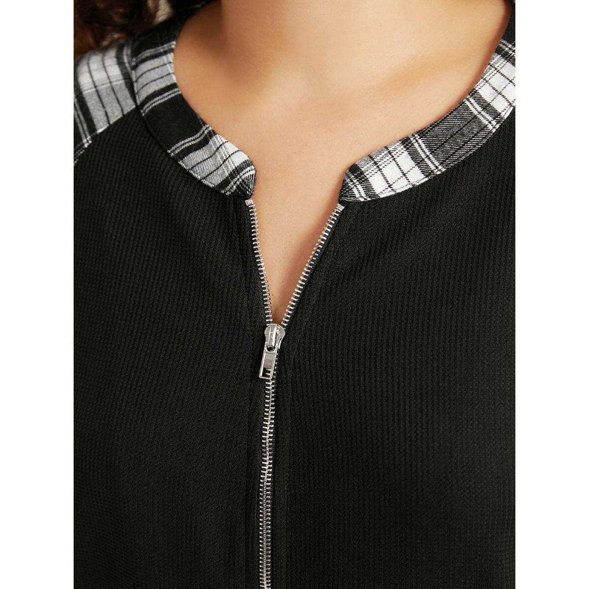 Plus Size Plaid Patchwork Pocket Zipper Fly Jacket Women Black Elastic cuffs Pocket Dailywear Jackets BloomChic 14-16/1X Product Image