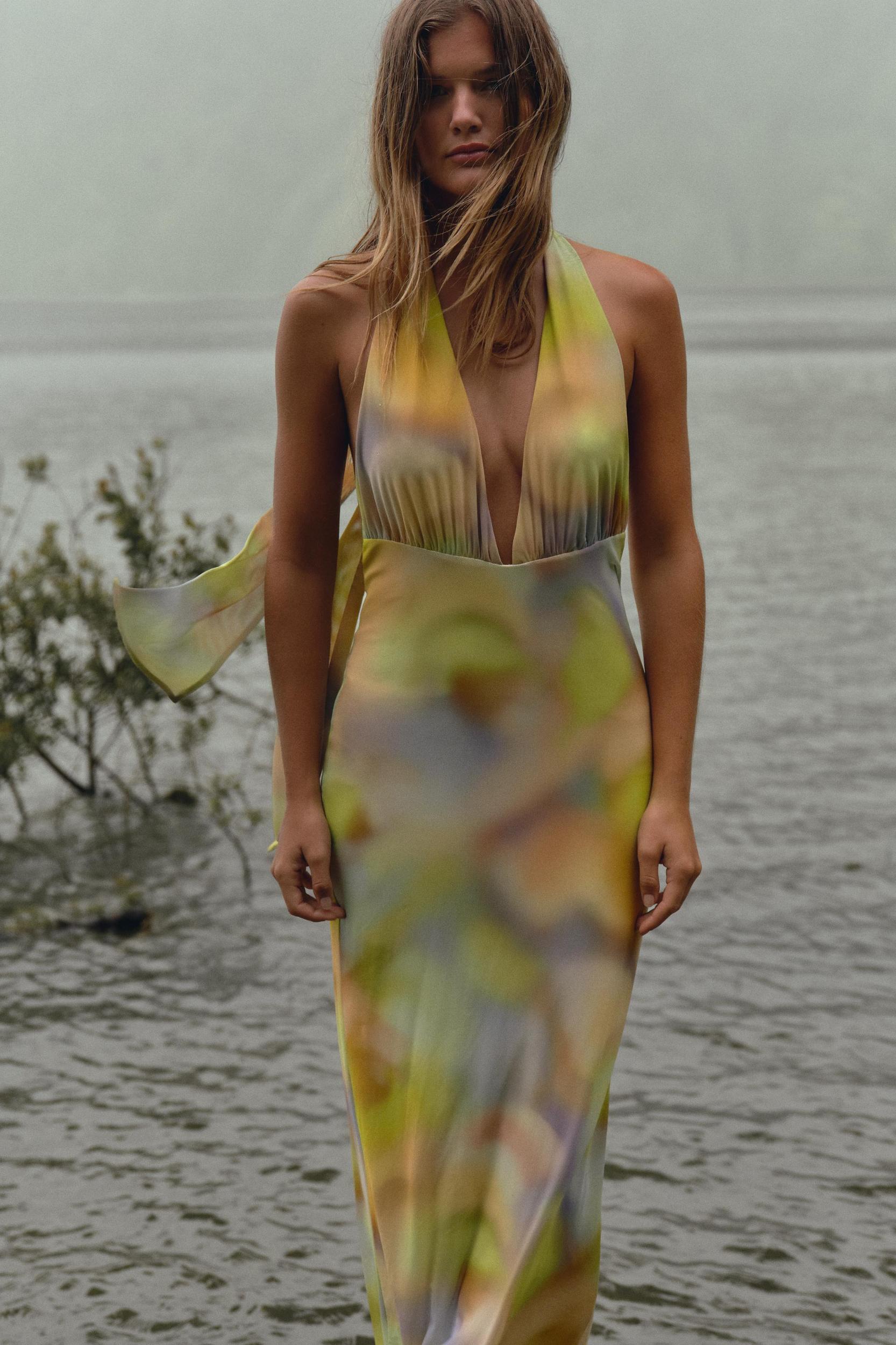 PRINTED TULLE MIDI HALTER DRESS Product Image