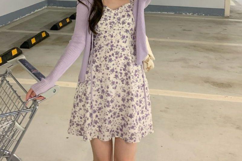 Spaghetti-Strap Floral Print Mini Dress / Cardigan Product Image