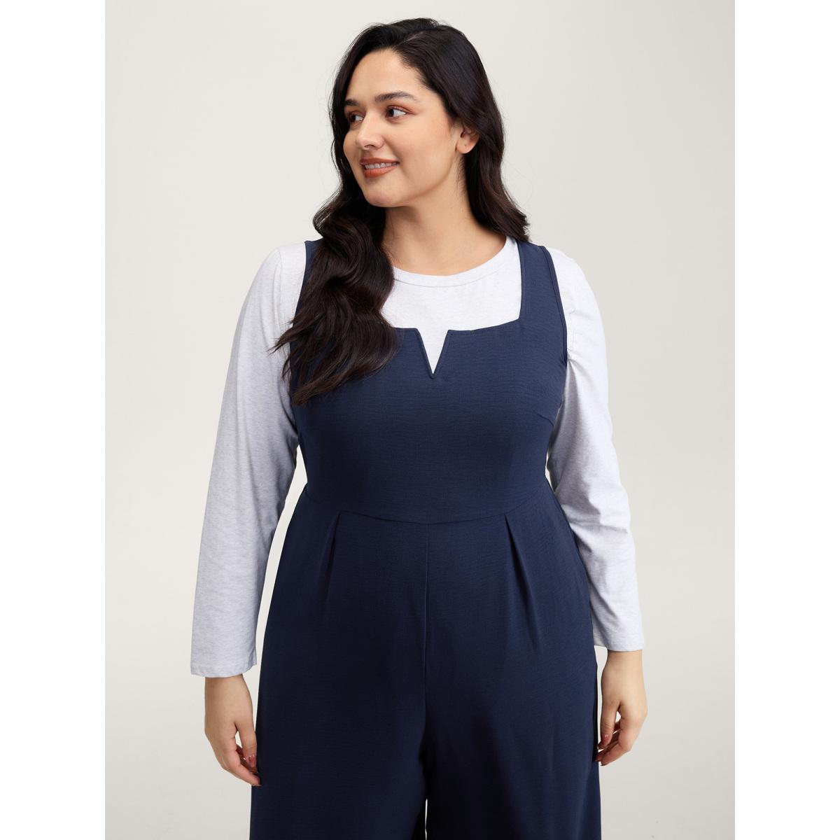 Plus Size DarkBlue Hidden Zipper Pockets Wide-Leg Jumpsuit Women Leisure Sleeveless Notched collar Casual Loose Jumpsuits BloomChic 12/L Product Image