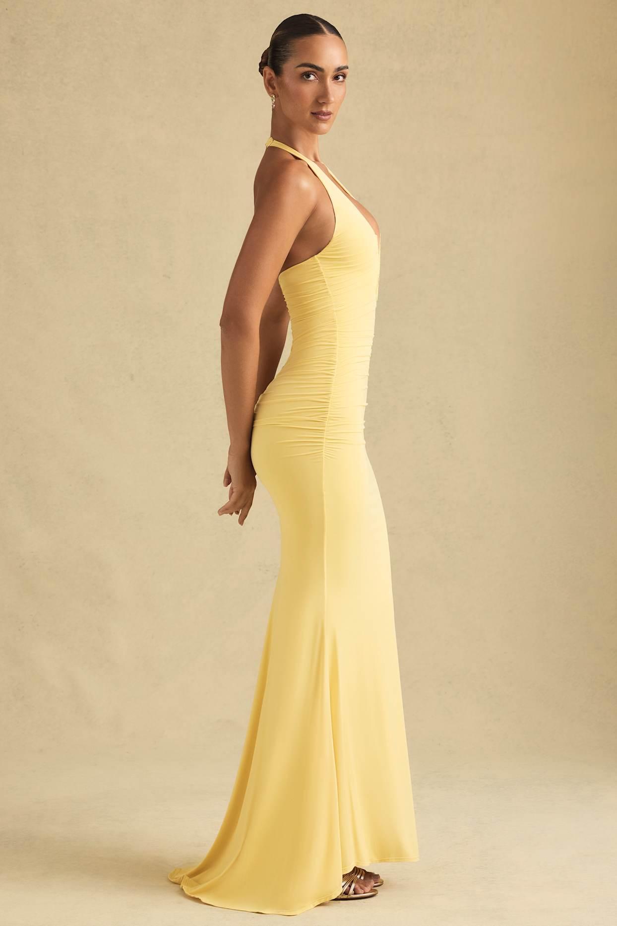 Ruched Backless Halterneck Gown in Pastel Yellow Product Image