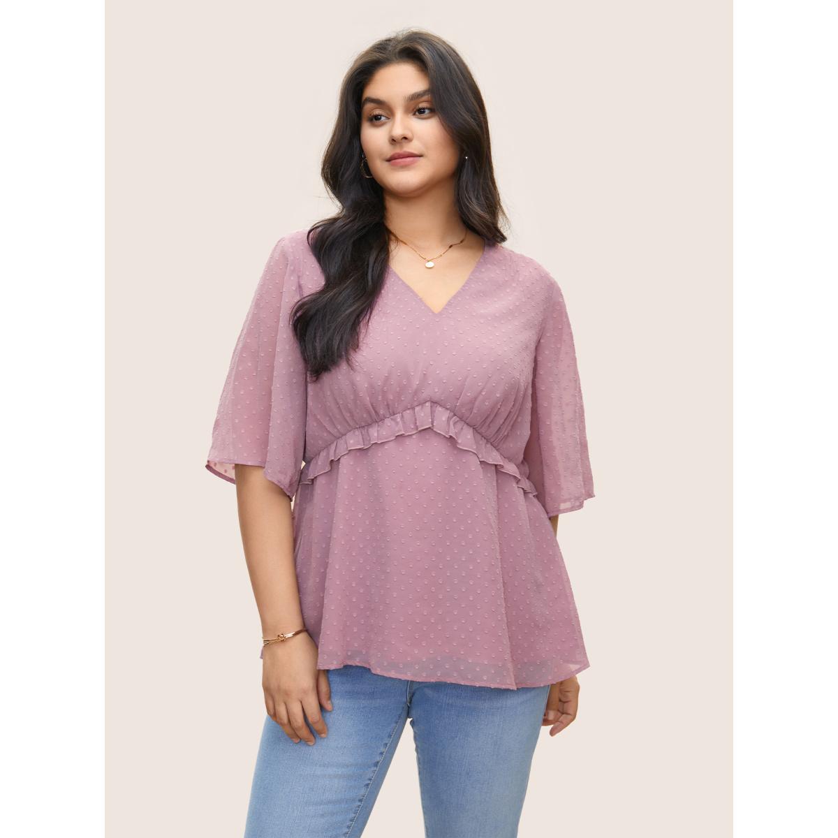Plus Size Mauve Chiffon Mesh Texture Polka Dot Frill Trim Blouse Women Elegant Half Sleeve V-neck Everyday Blouses BloomChic 22-24/3X Product Image