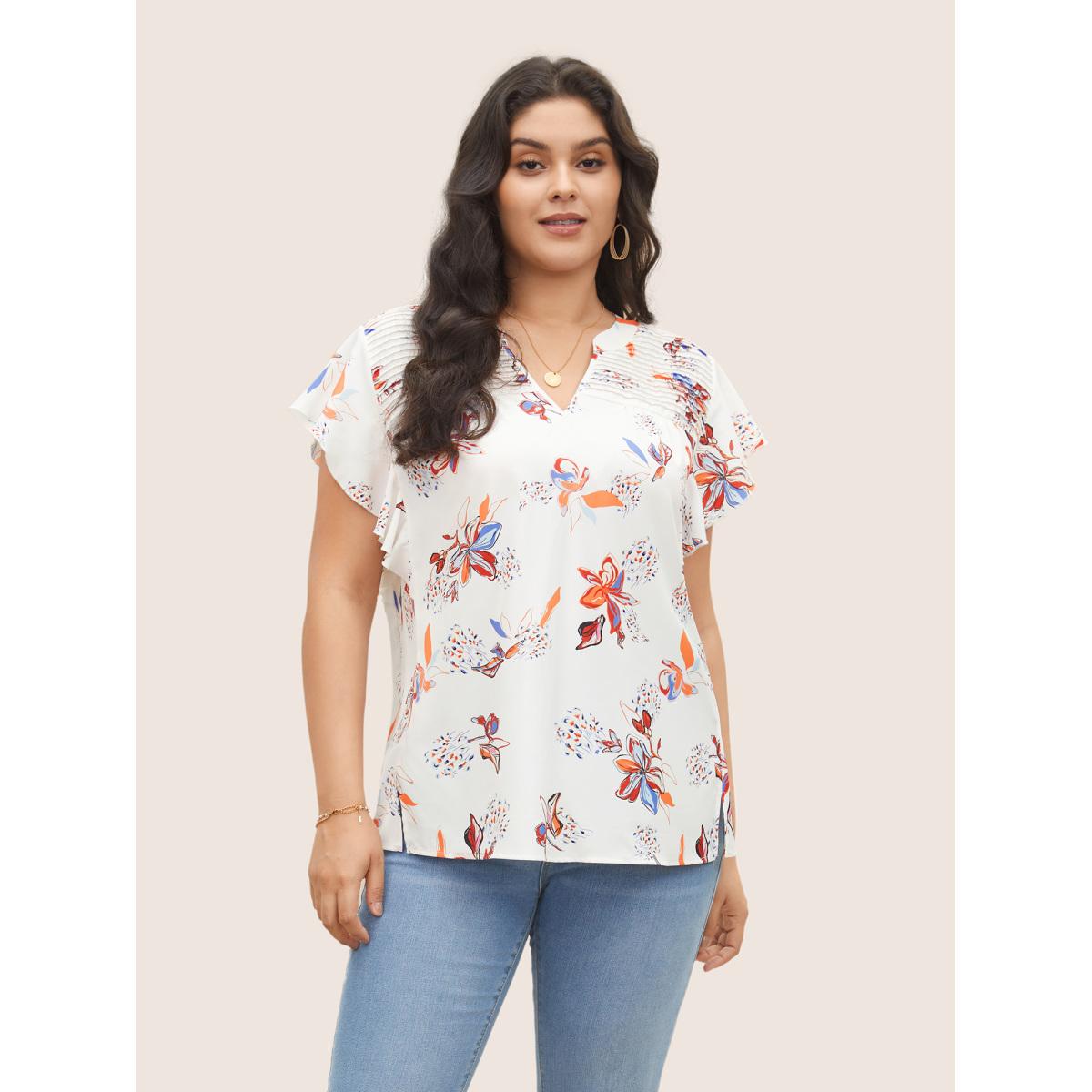 Plus Size Multicolor Floral Pleated Ruffle Cap Sleeve Blouse Women Elegant Cap Sleeve V-neck Everyday Blouses BloomChic 18-20/2X Product Image