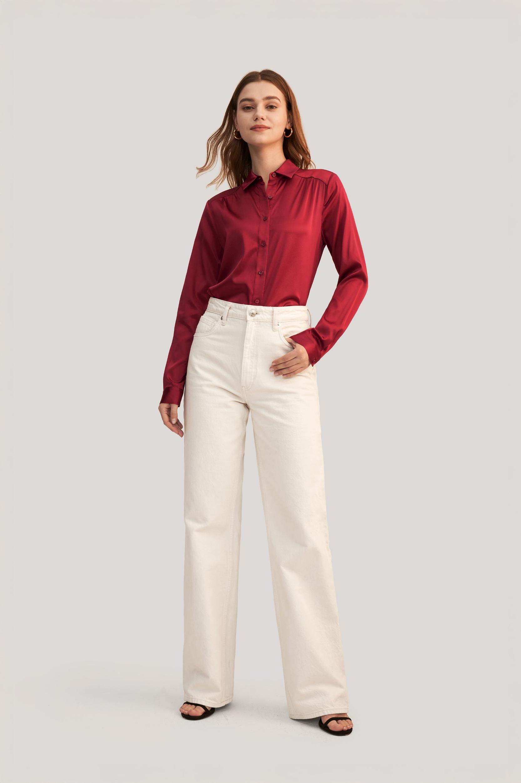 Long Sleeves Collared Silk Blouse Product Image