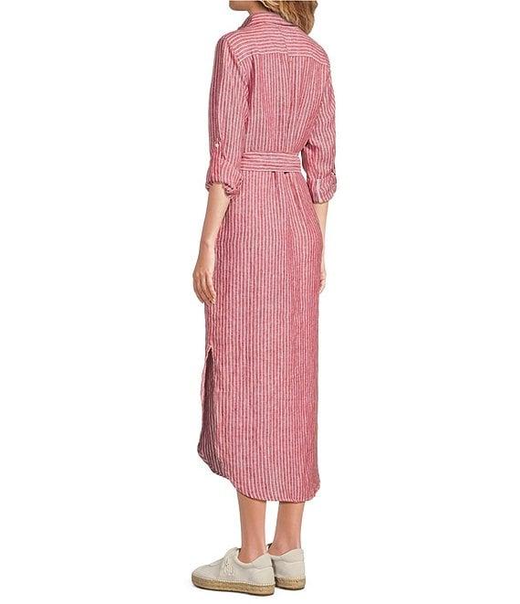 Lauren Ralph Lauren Kiredel Stripe Linen Point Collar Roll-Tab Sleeves Belted Button Front Midi Shirt Dress Product Image