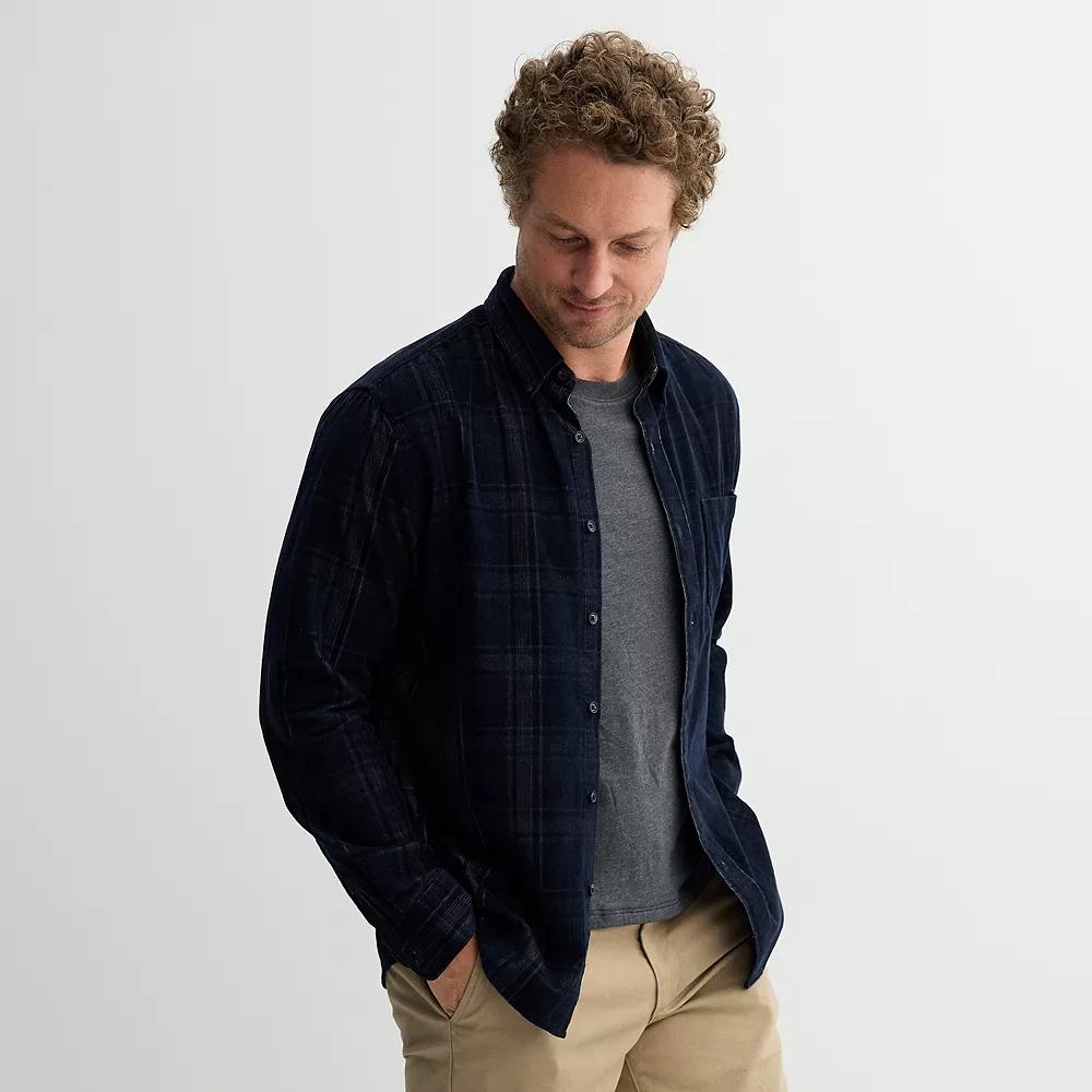 Men's Sonoma Goods For Life® Long Sleeve Perfect Length Button-Down Shirt, Size: Medium, Blue  Plaid Product Image