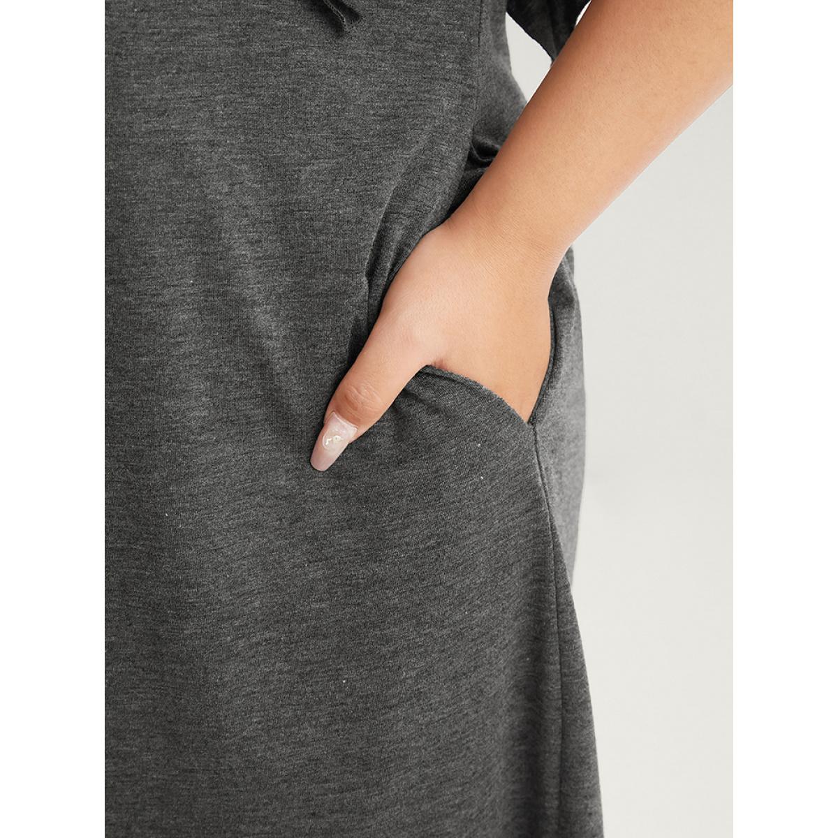 Plus Size Solid Round Neck Pocket Beaded Webbing Ruffle Trim Dress DimGray Women Casual Gathered Round Neck Short sleeve Curvy Midi Dress BloomChic 14-16/1X Product Image