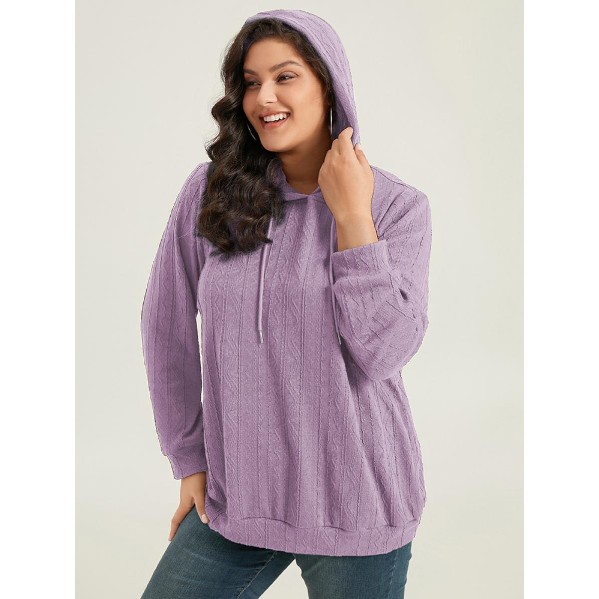 Plus Size Plain Textured Hooded Drawstring Sweatshirt Women Purple Casual Elastic cuffs Hooded Everyday Sweatshirts BloomChic 22-24/3X Product Image