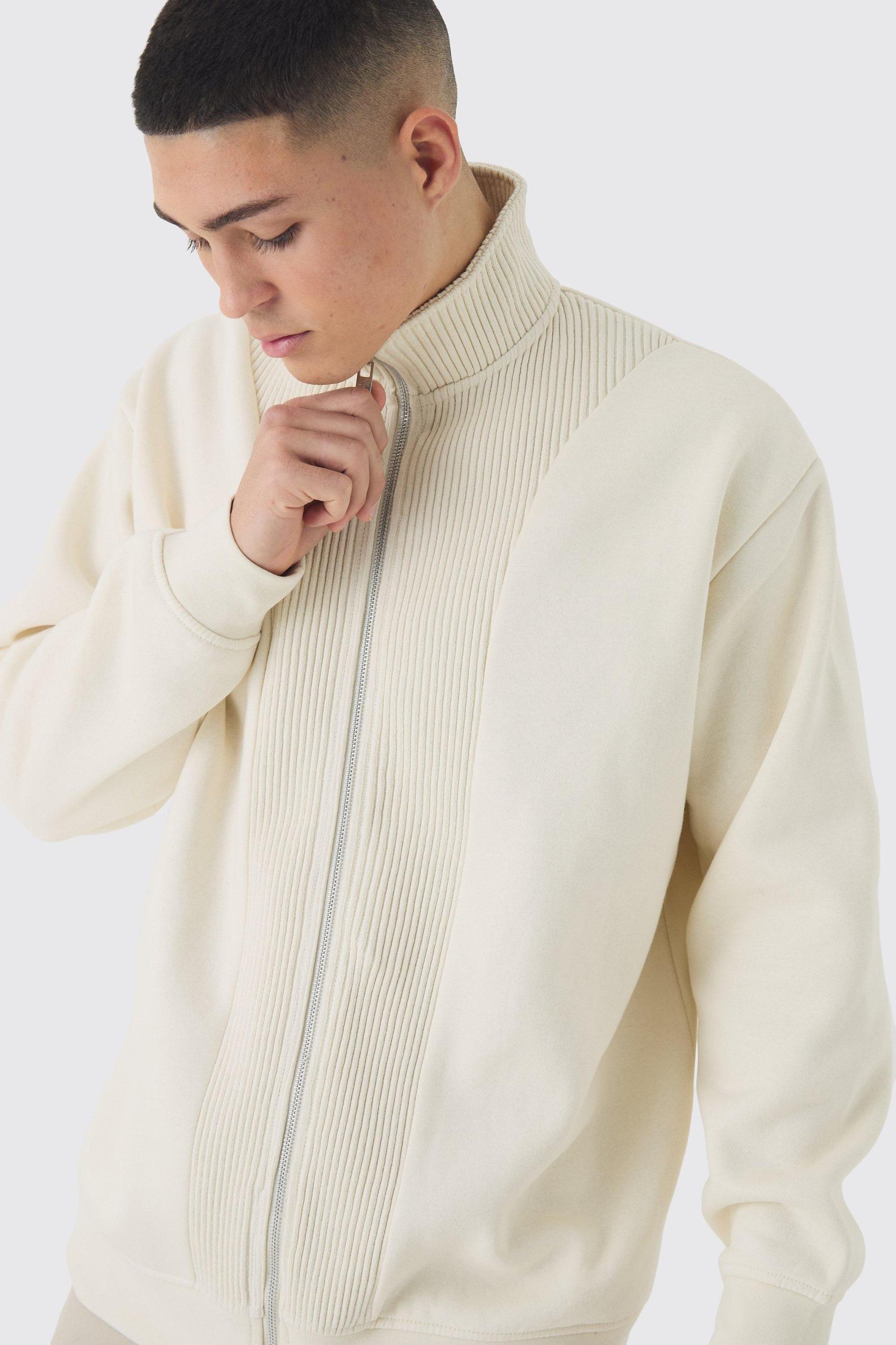 Oversized Funnel Neck Zip Through Thick Rib Sweat | boohooMAN USA Product Image