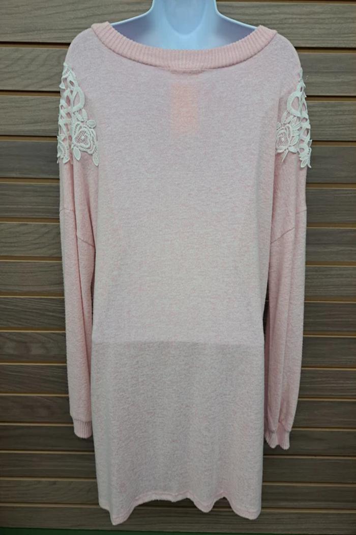 Pink W/ Cream Lace Shoulder Long Sleeve Product Image