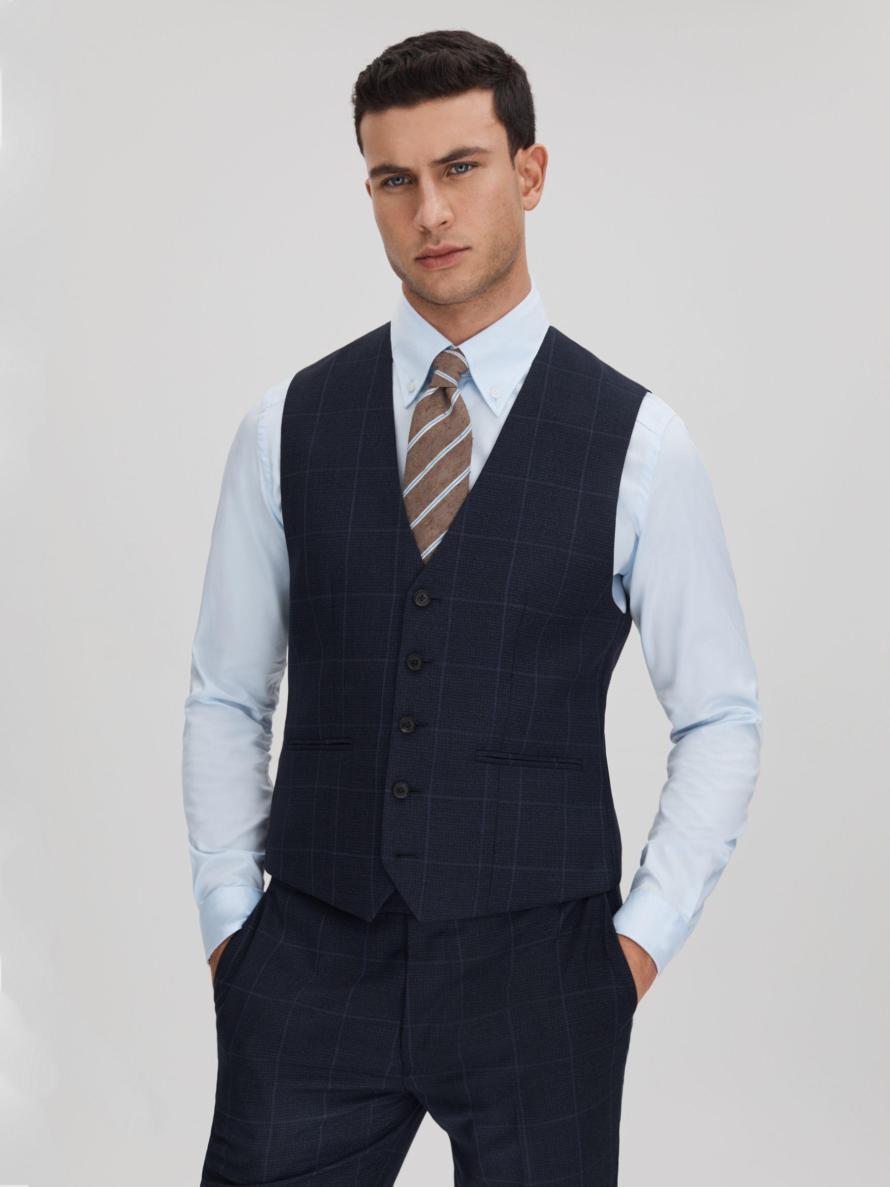 Klink Navy Wool Check Single Breasted Slim Fit Waistcoat Product Image