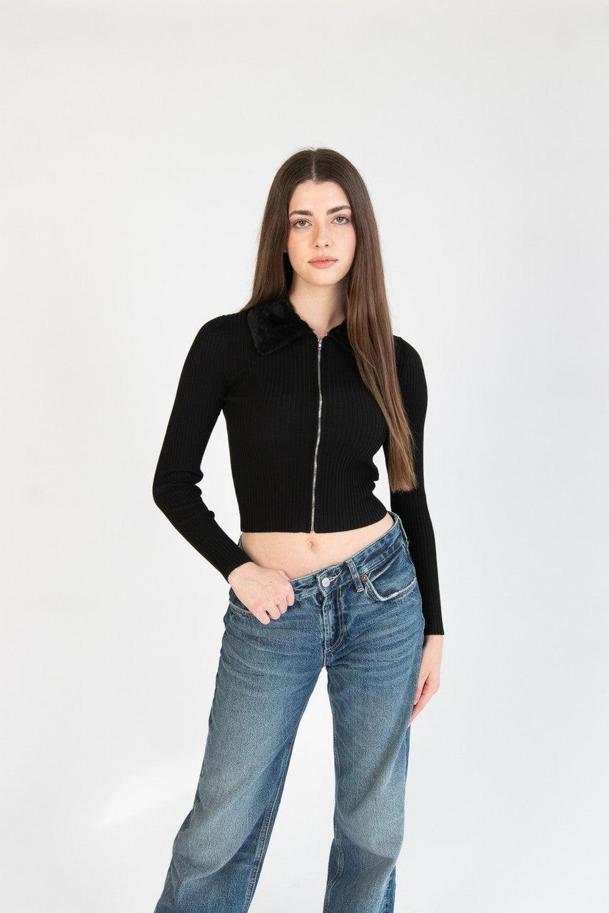 Fur Collar Zip Cardigan Product Image