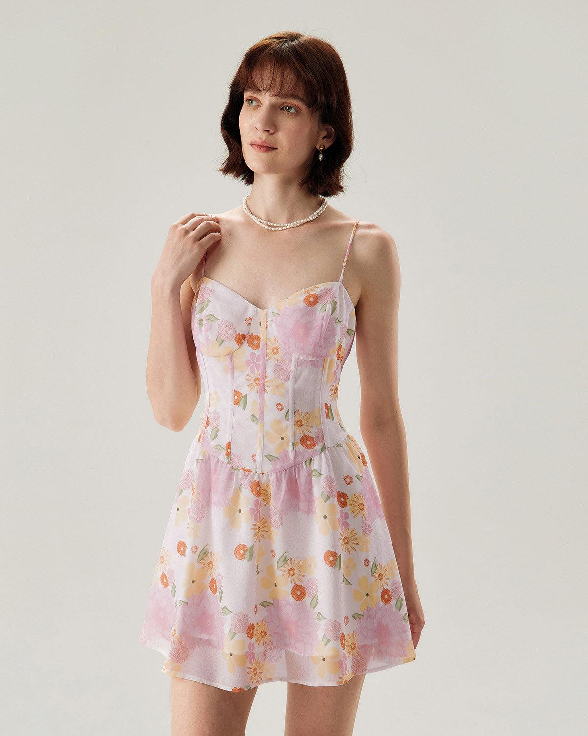 Pink Floral Sweetheart Neck Slip Mini Dress Product Image