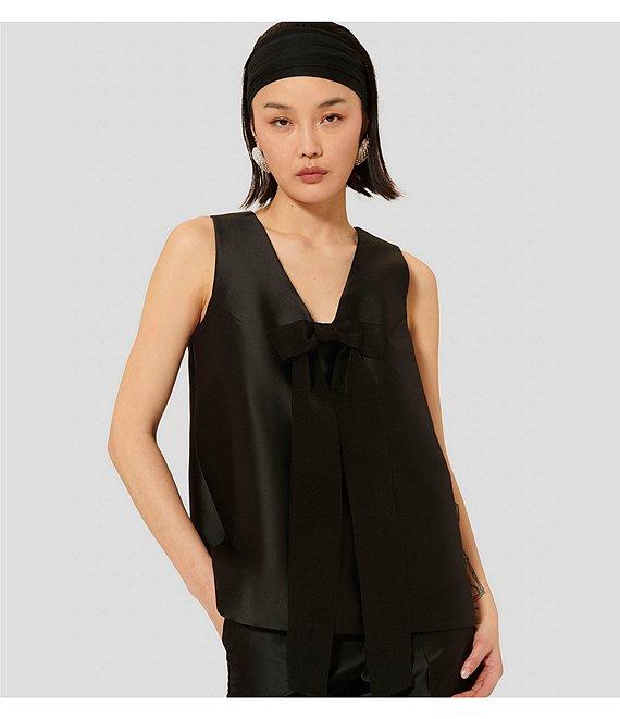 Tara Jarmon Topaze Satin V-Neck Bow Sleeveless Top Product Image