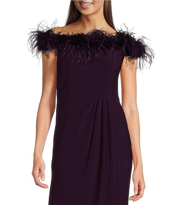 Alex Evenings Stretch Matte Jersey Feather Off-the-Shoulder Cap Sleeve Ruched Front Slit Gown Product Image