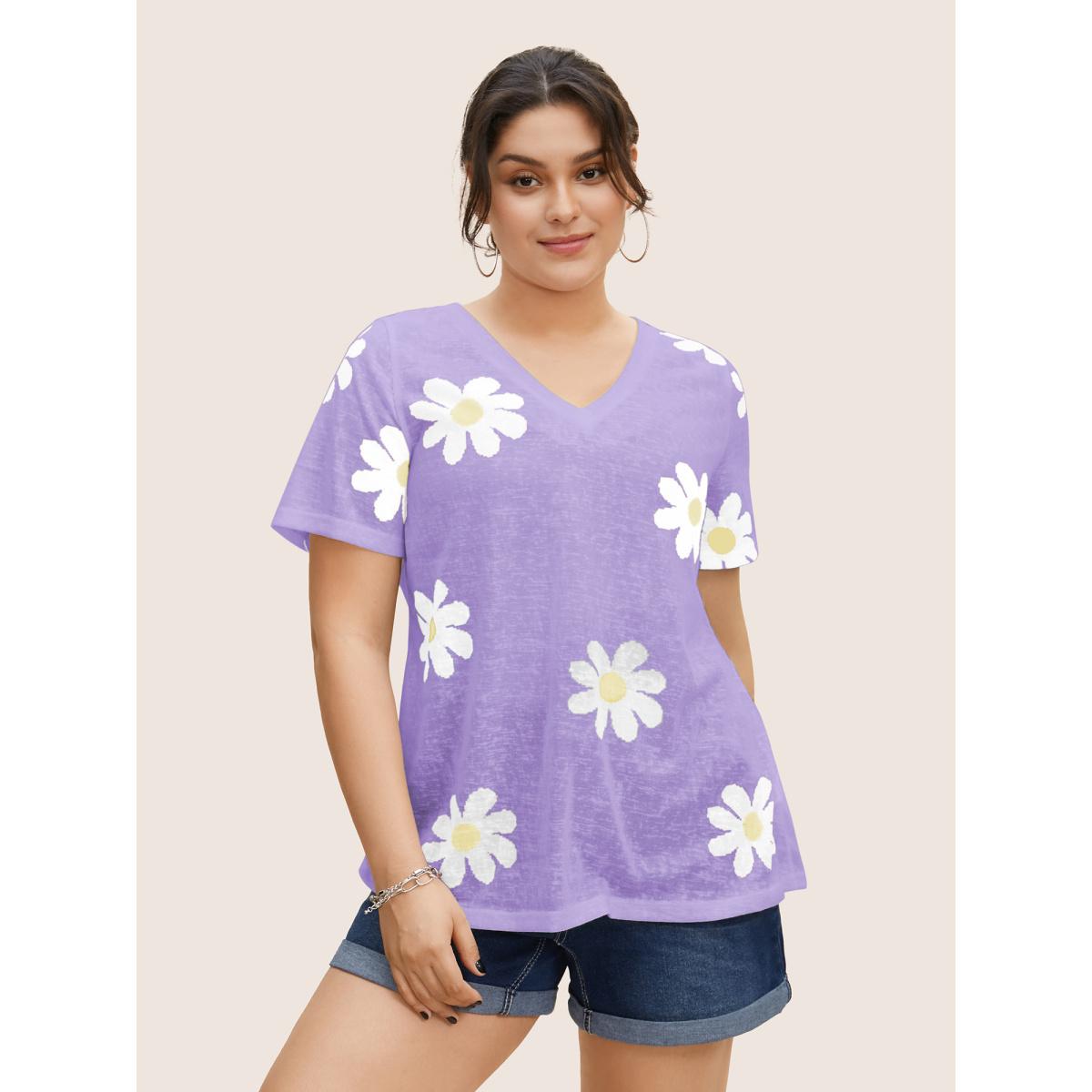 Plus Size Colored Floral V Neck See Through T-Shirt Lilac Women Casual See through Art&design V-neck Everyday T-shirts BloomChic 30/6X Product Image