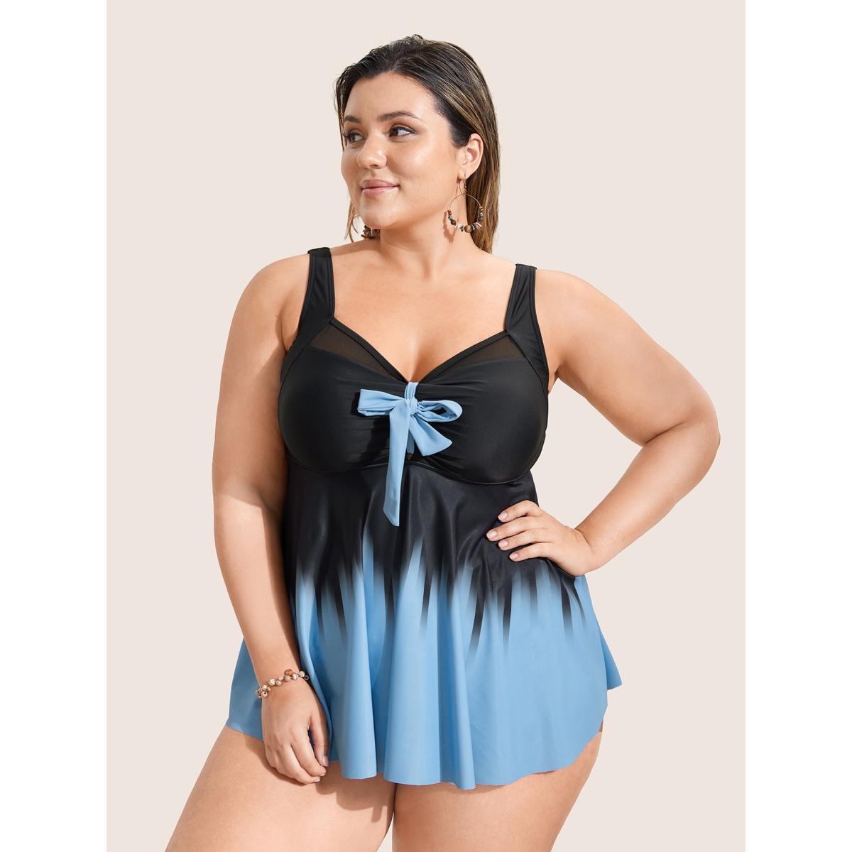Plus Size Ombre Bowknot Ruched Mesh Patchwork Swim Top Women's Swimwear Black Beach Tie knot High stretch Bodycon Heart neckline Curve Swim Tops BloomChic 12/L Product Image