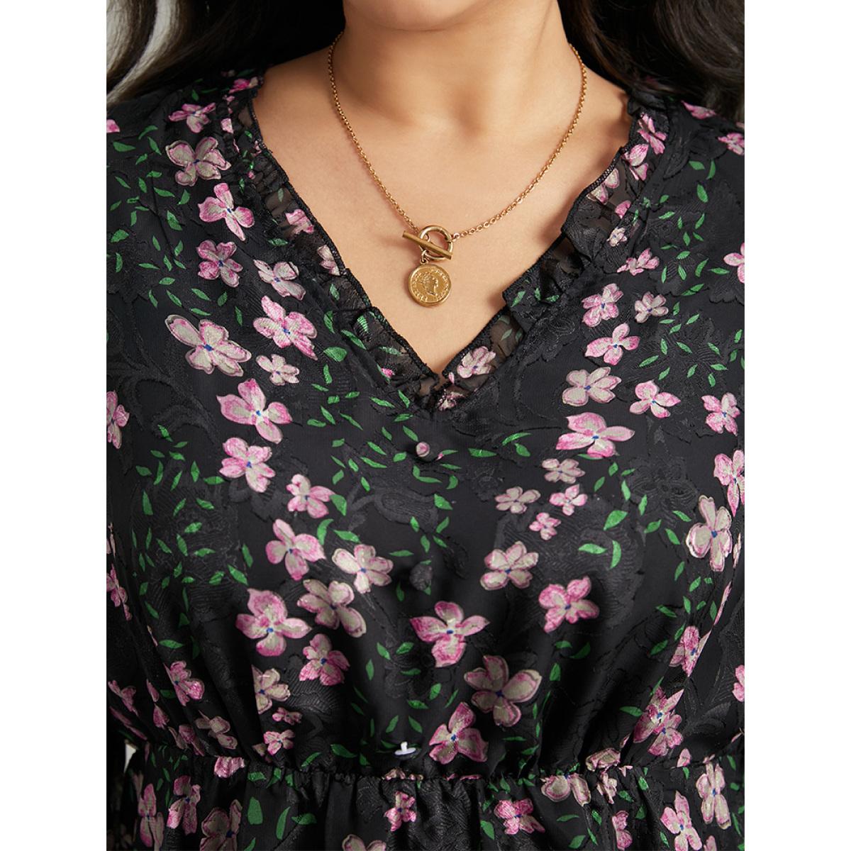 Plus Size Black Floral Print Frill Trim Blouse Women Elegant Long Sleeve V-neck Dailywear Blouses BloomChic 12/L Product Image
