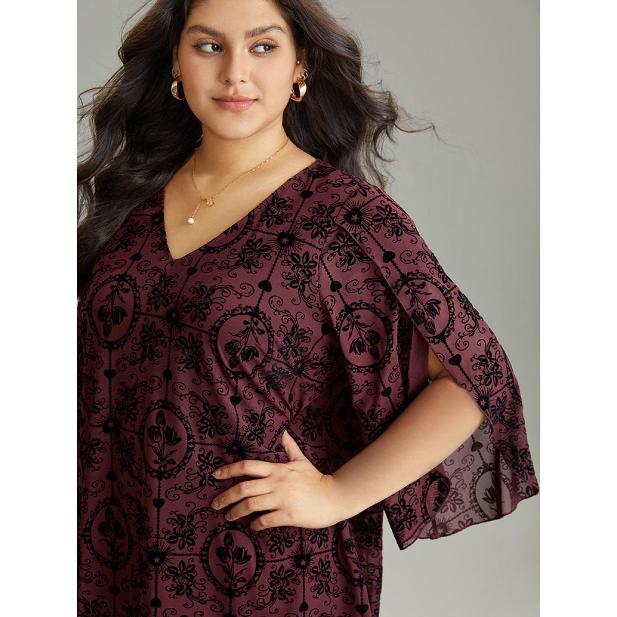 Plus Size Scarlet Silhouette Floral Print V Neck Petal Sleeve Blouse Women Elegant Elbow-length sleeve V-neck Dailywear Blouses BloomChic 22-24/3X Product Image