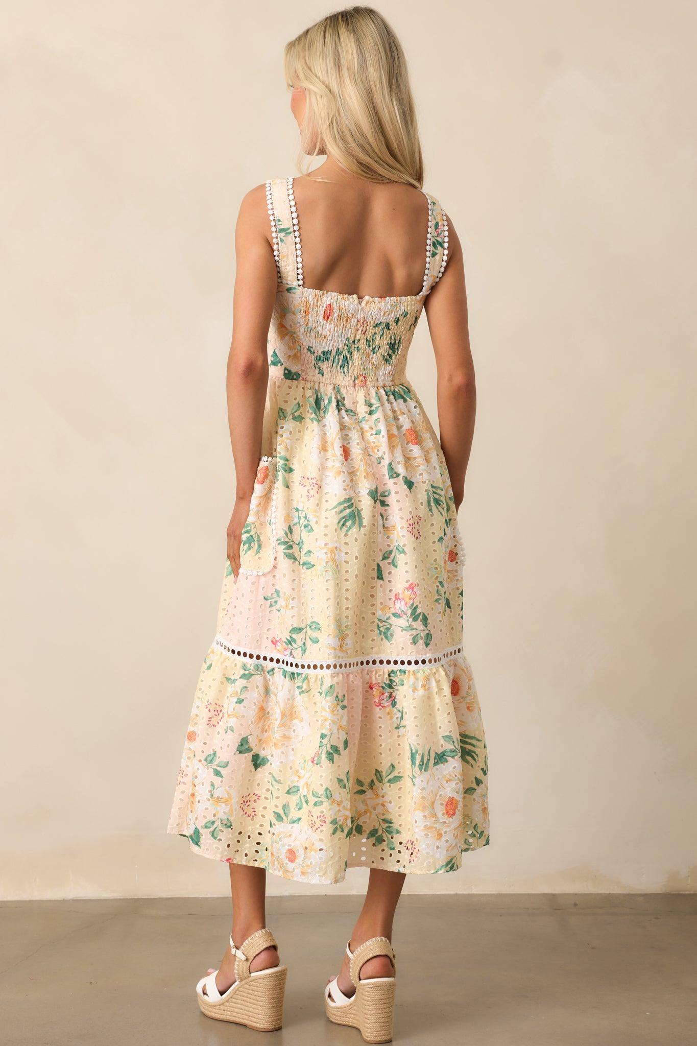 Champagne Toast Yellow Floral Embroidered Midi Dress Product Image