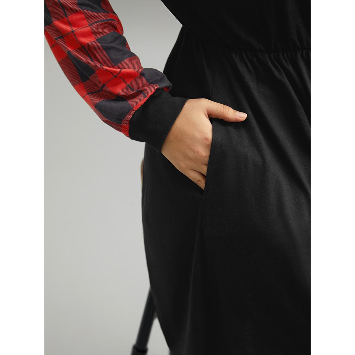 Plus Size Supersoft Essentials Plaid Patchwork Gathered Dress Black Women Casual Patchwork Lapel Collar Long Sleeve Curvy Knee Dress BloomChic 12/L Product Image