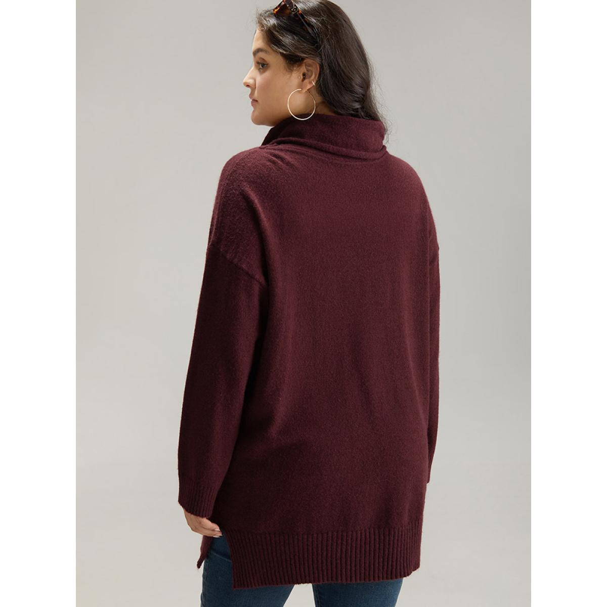 Plus Size Anti-Pilling Split Side Turtle Neck Pullover Burgundy Women Casual Loose Long Sleeve Lapel Collar Everyday Pullovers BloomChic 28/5X Product Image