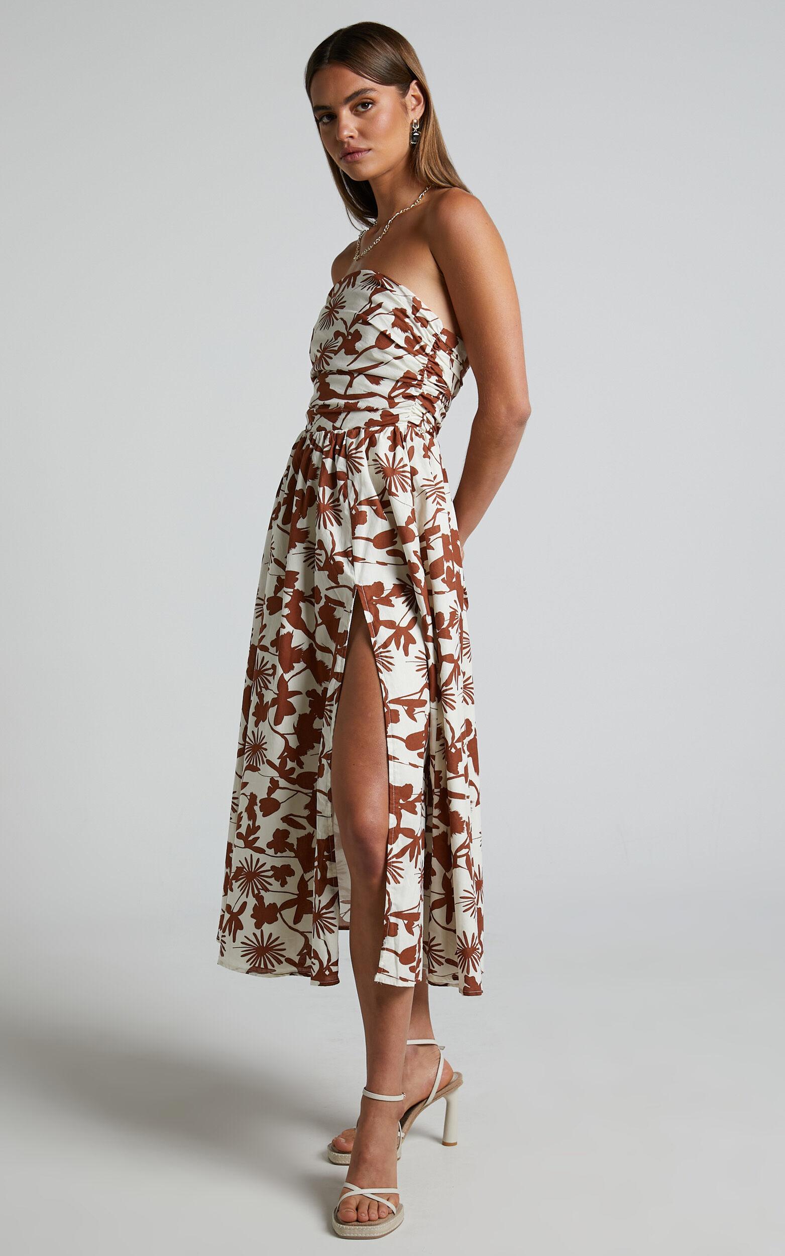 Evita Midi Dress - Ruched High Split Strapless Dress in Multi Product Image