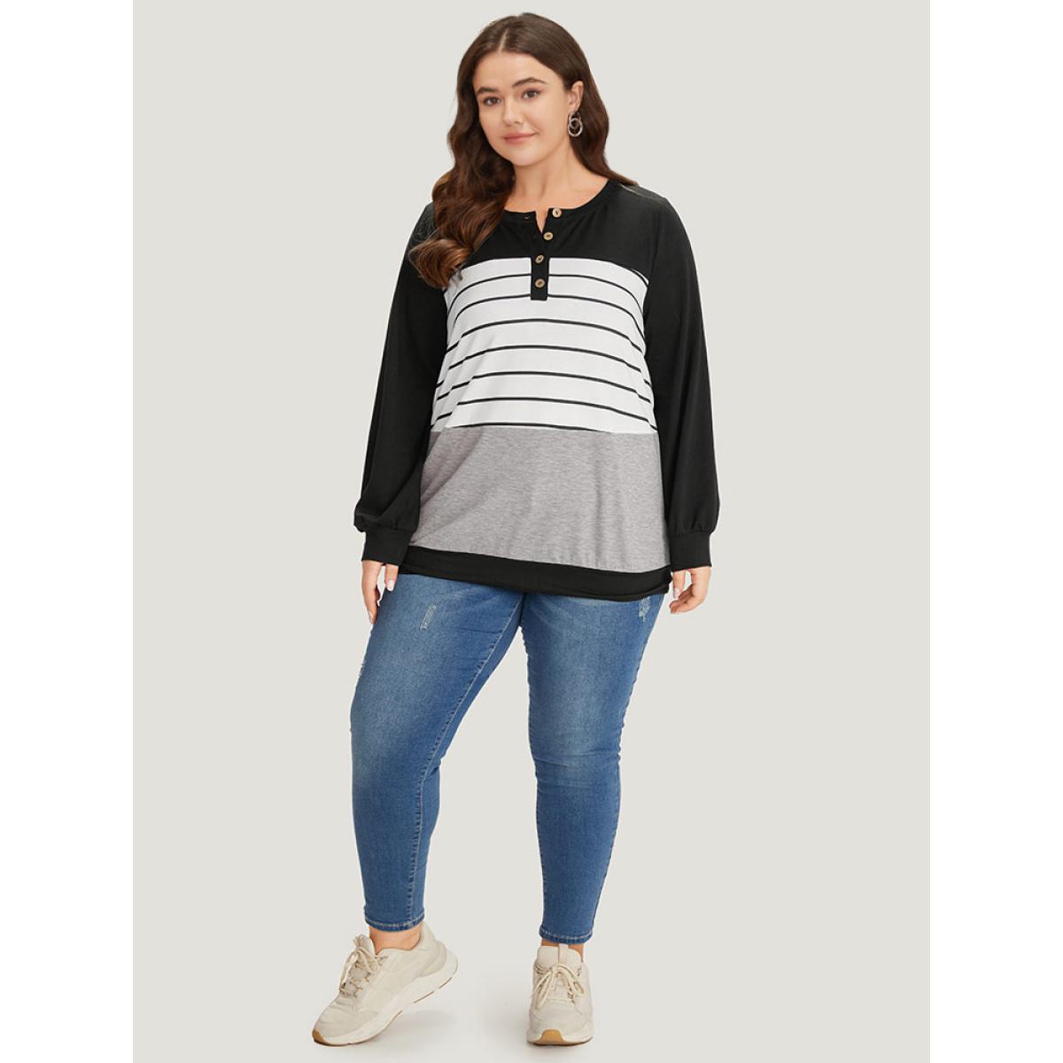 Plus Size Striped Contrast Button Up Elastic cuffs Sweatshirt Women Multicolor Casual Elastic cuffs Open Front Dailywear Sweatshirts BloomChic 28/5X Product Image