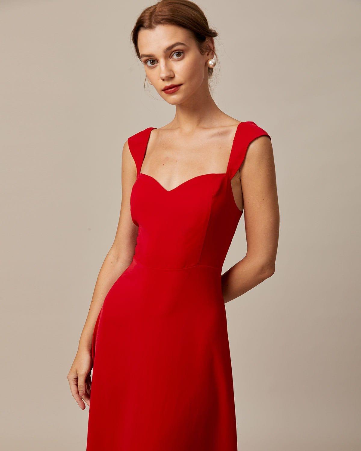 The Red Sweetheart Neck Cap Sleeve Midi Dress Product Image