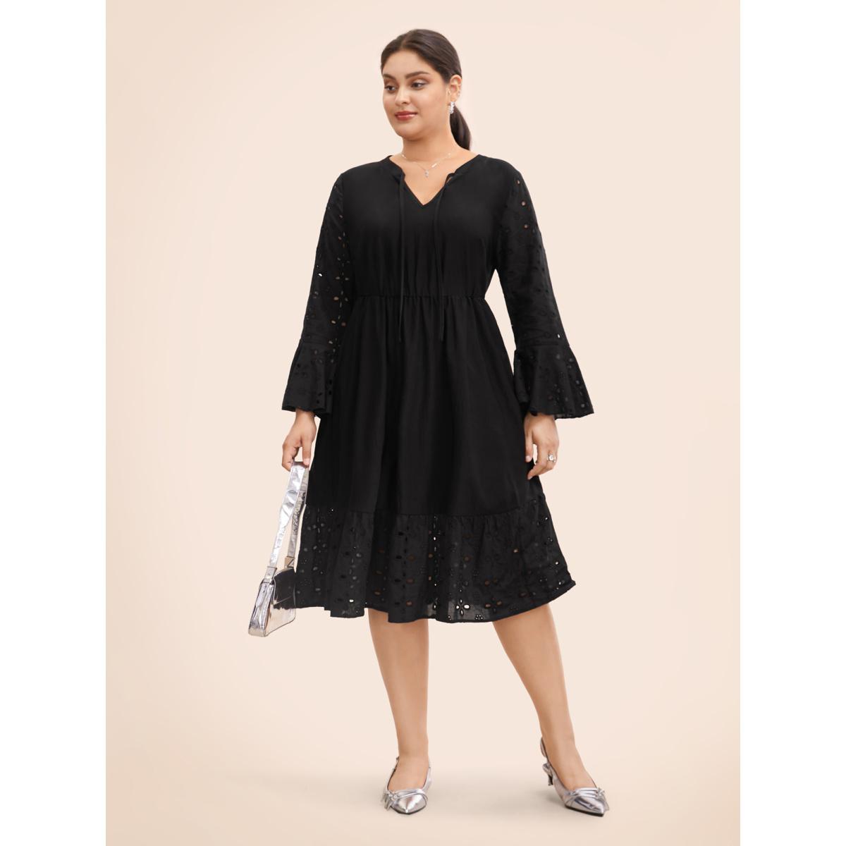 Plus Size Embroidered Flare Cuffs Midi Dress Black Women Resort Woven ribbon&lace trim Notched collar Long Sleeve Curvy BloomChic 14-16/1X Product Image