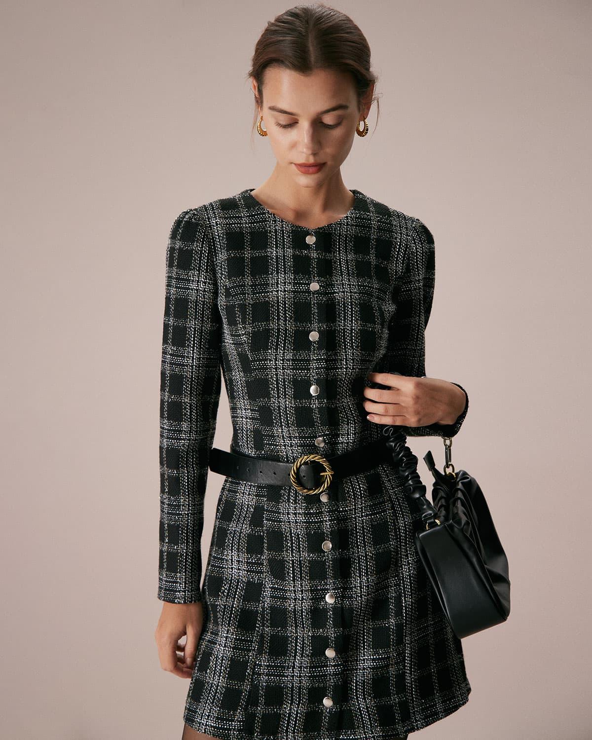 The Black Crew Neck Plaid A-Line Mini Dress Product Image