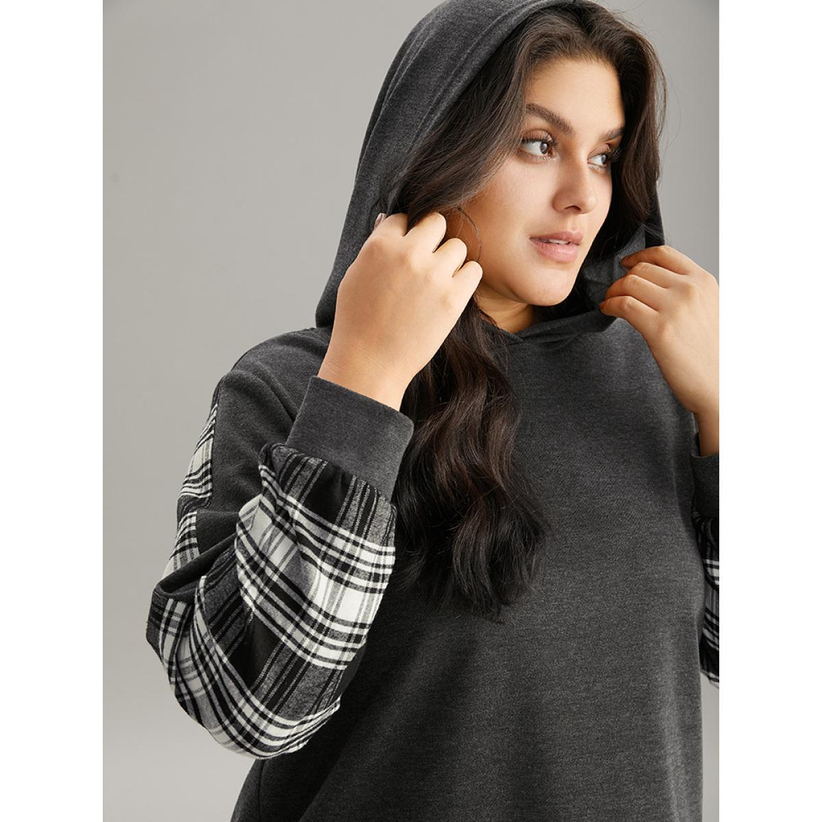 Plus Size Plaid Hem Patchwork Hooded Sweatshirt Women DimGray Casual Contrast Hooded Dailywear Sweatshirts BloomChic 18-20/2X Product Image