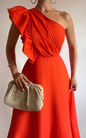 Dixie Midi Dress - Linen Look One Shoulder Ruffle Dress in Red Orange Product Image