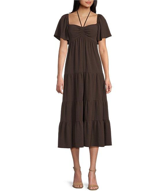 GB Tie Neck Short Sleeve Tiered Maxi Dress Product Image