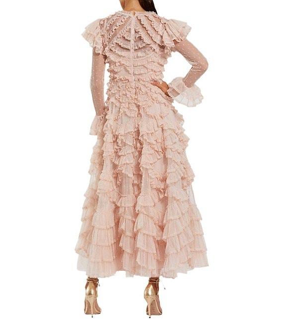 Mac Duggal Crew Neck Illusion Long Sleeve Dotted Mesh Micro Ruffle A-line Midi Dress Product Image