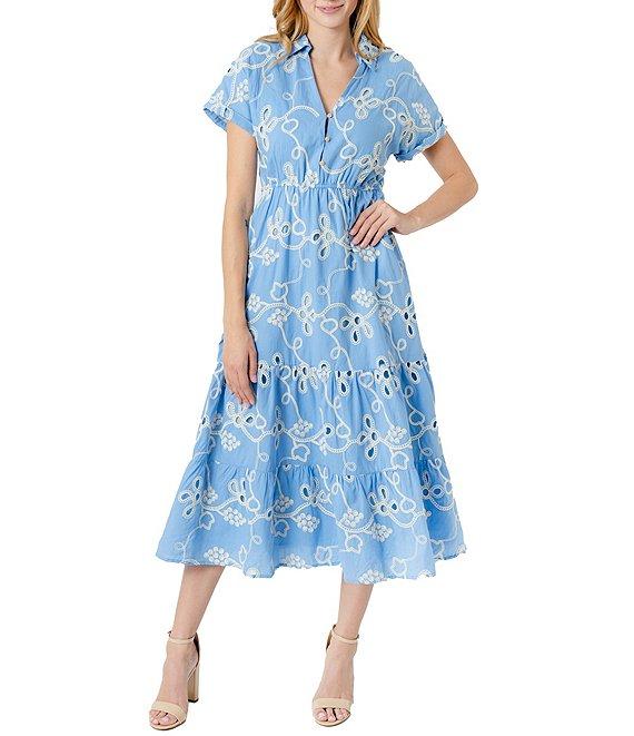 Sam Edelman Eyelet Embroidered Floral Point Collar Neck Short Sleeve Button Front A-Line Midi Dress Product Image
