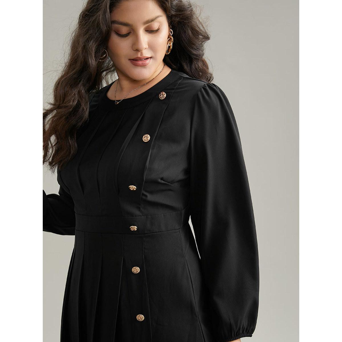 Plus Size Static-Free Metal Detail Plicated Detail Dress Black Women Office Elastic cuffs Round Neck Long Sleeve Curvy Midi Dress BloomChic 10/M Product Image