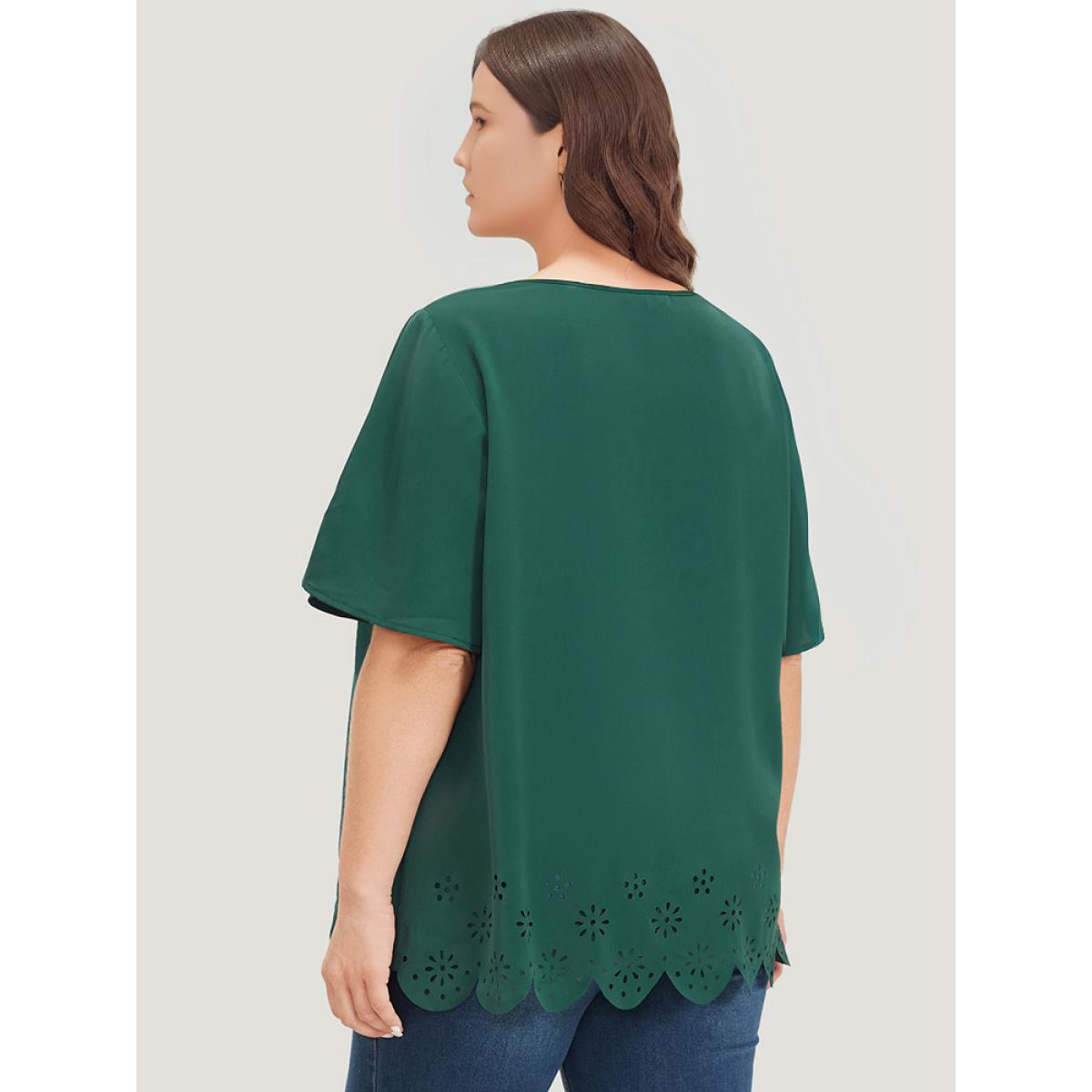 Plus Size DarkGreen Solid Scalloped Trim Laser Cut Ruffle Sleeve Blouse Women Elegant Short sleeve V-neck Dailywear Blouses BloomChic 26/4X Product Image