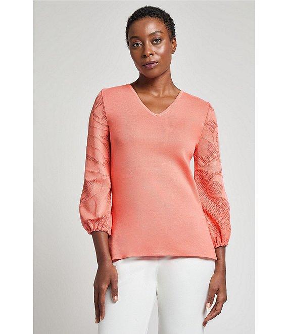 Ming Wang Tonal Texture Knit V-Neck Bracelet Sleeve Top Product Image