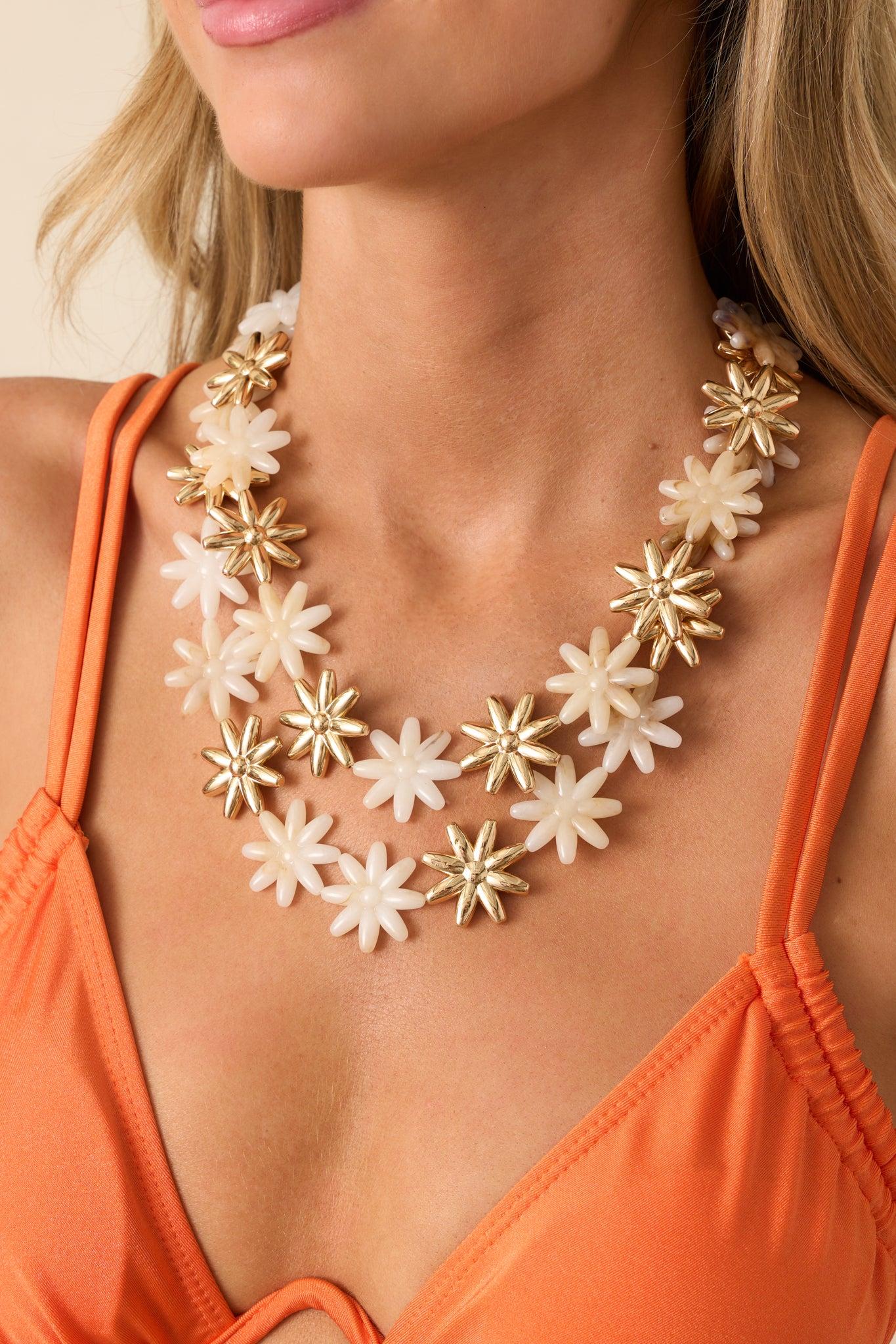 I Didn't Think So Ivory & Gold Layered Flower Statement Necklace Product Image