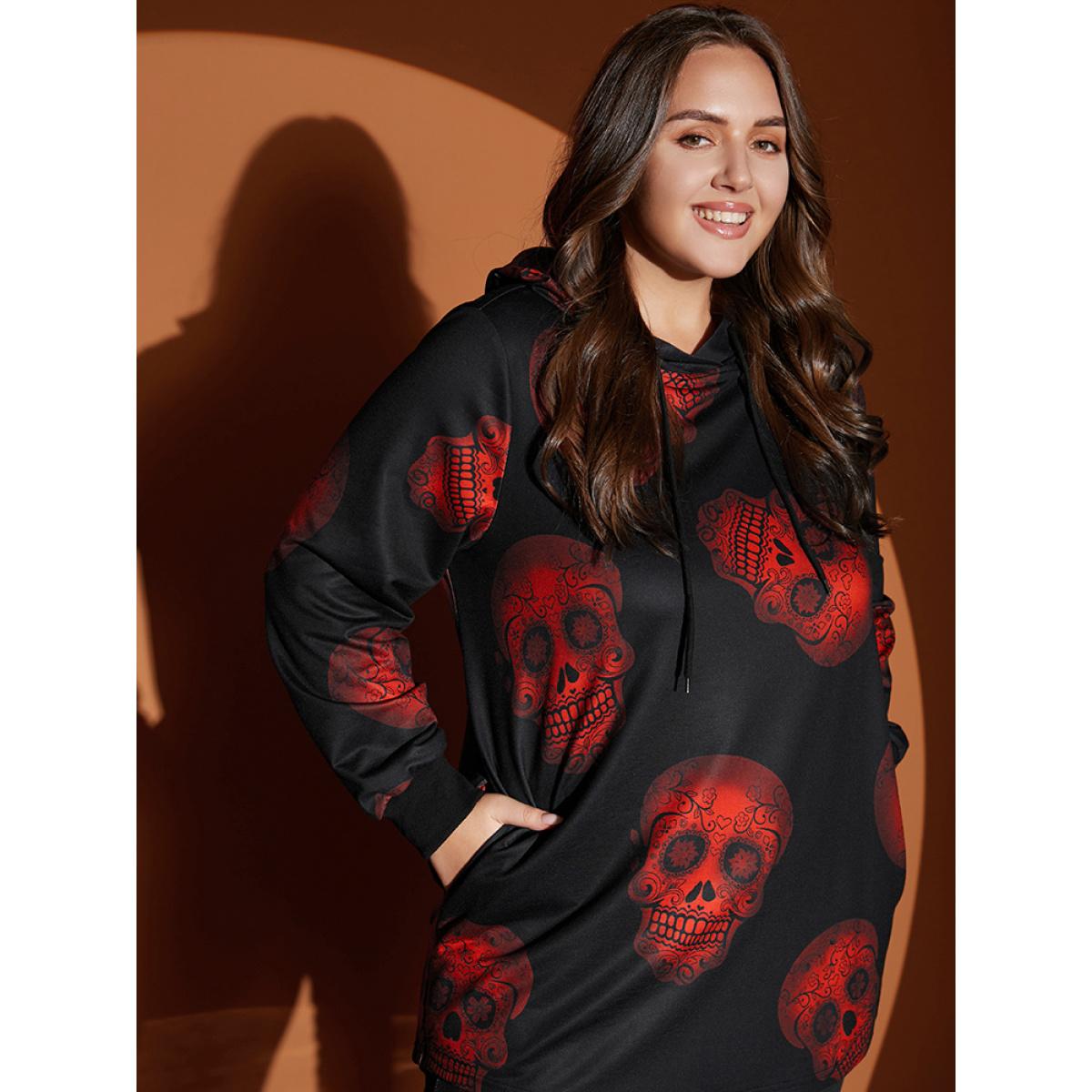 Plus Size Halloween Skull Print Pocket Drawstring Hooded Sweatshirt Women Black Casual Pocket Hooded Dailywear Sweatshirts BloomChic 14-16/1X Product Image