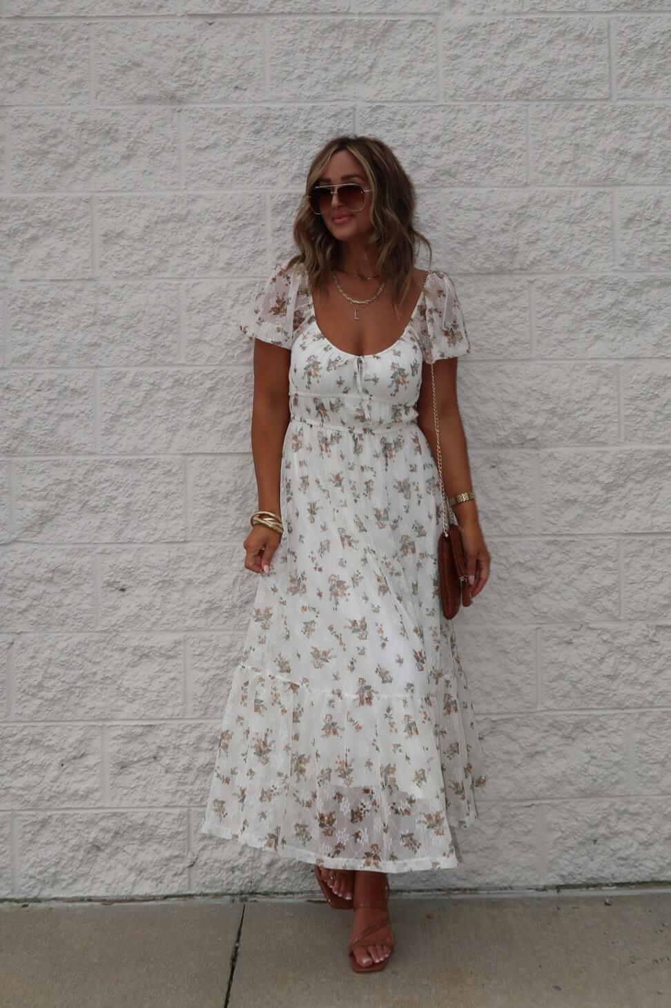 Lauri Cream Floral Print Sweetheart Midi Dress - FINAL SALE Female Product Image