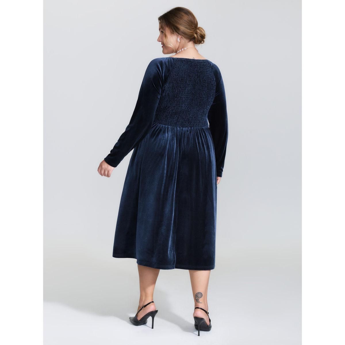 Plus Size Velvet Lace Trim Stitch Shirred Midi Dress Indigo Women Retro Gathered Square Neck Long Sleeve Curvy BloomChic 30/6X Product Image