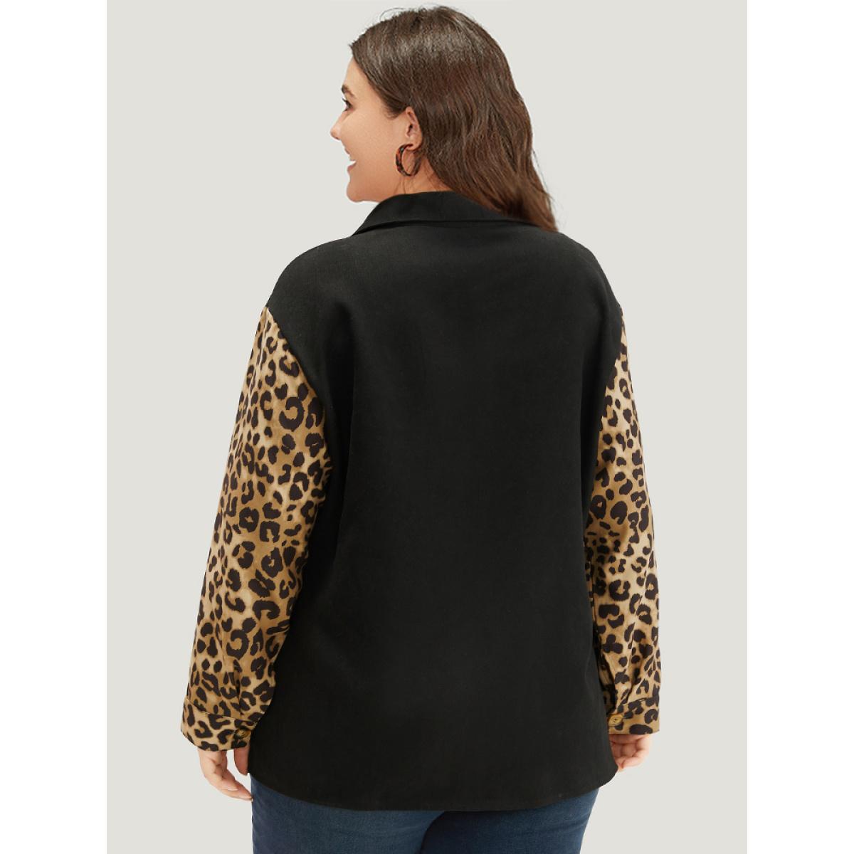Plus Size Leopard Patchwork Contrast Button Up Coat Women Black Contrast Pocket Dailywear Jackets BloomChic 22-24/3X Product Image