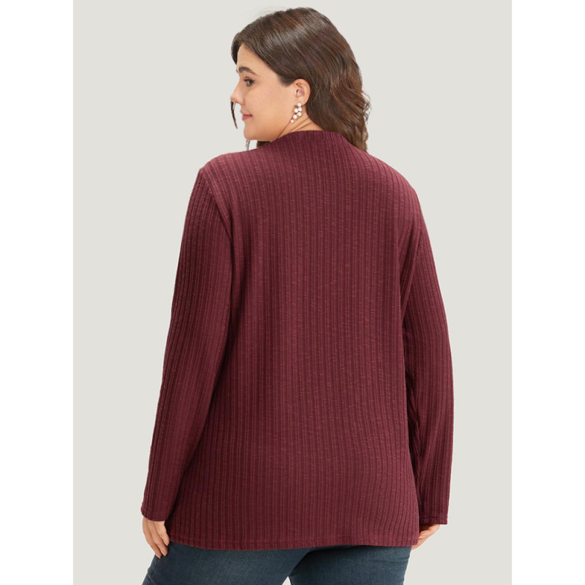 Plus Size Rib Knit Button Detail Split Side T-shirt Burgundy Women Casual Texture Plain Round Neck Dailywear T-shirts BloomChic 22-24/3X Product Image